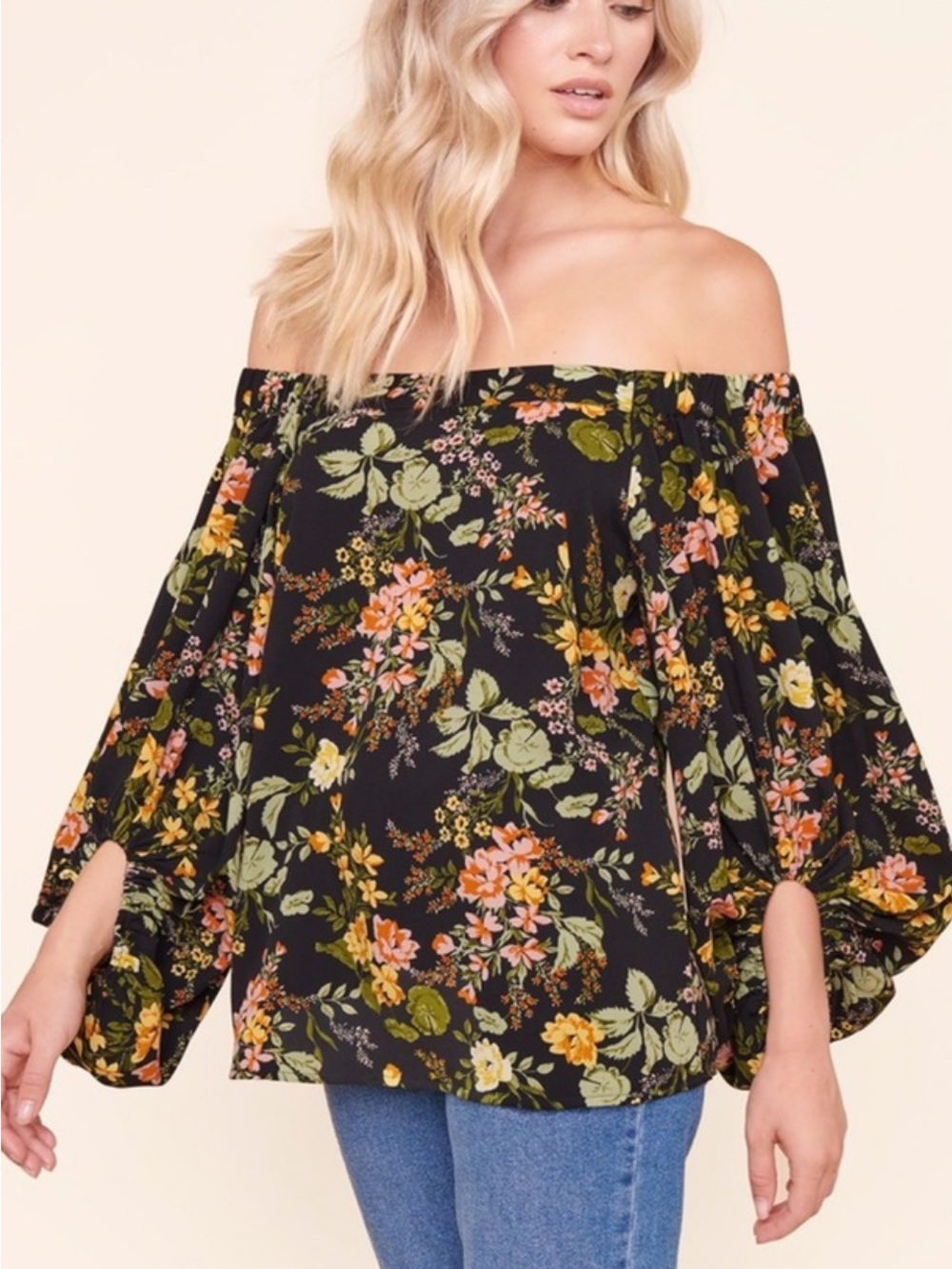 Sugarlips Black Floral Off-the-Shoulder Peasant Blouse